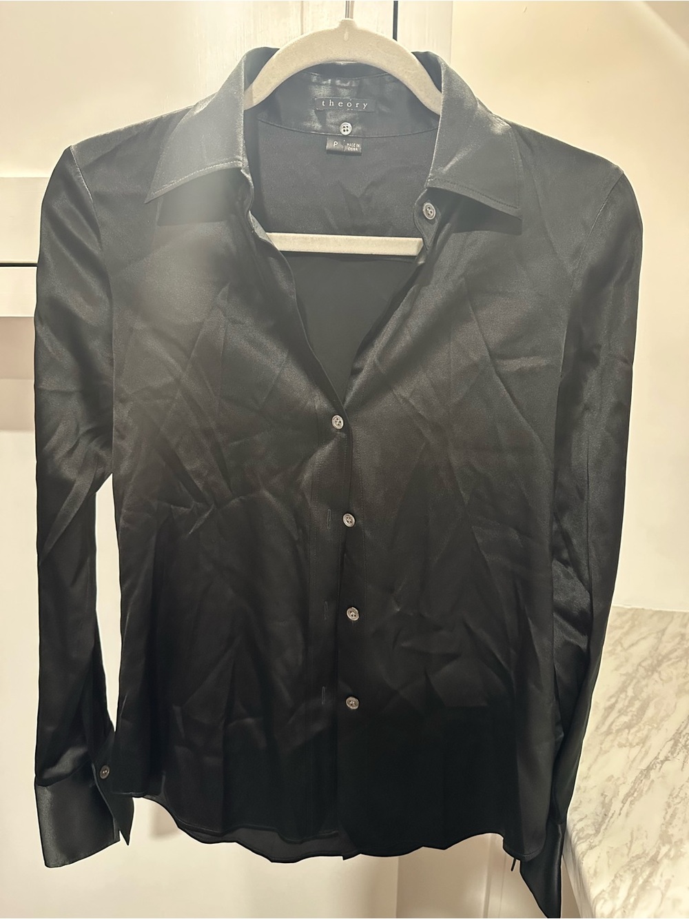 Theory Women’s Black Satin Button-Up Shirt